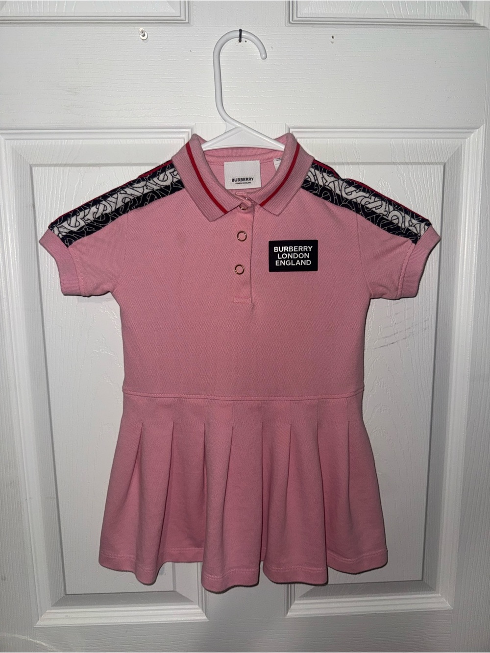 Authentic Burberry Kids Monogram Stripe Pleated Polo Dress (3y)